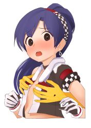  alternate_hairstyle blue_hair blush brown_eyes ch2haya_p disembodied_hand female flat_chest gloves groping highres idolmaster idolmaster_million_live! idolmaster_million_live!_theater_days kisaragi_chihaya long_hair no_bra open_clothes open_mouth ponytail producer_(idolmaster) race_queen simple_background solo upper_body white_background 