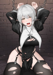  arms_up black_dress black_panties black_thighhighs blush bound breasts brick_wall chains cleavage commission covered_navel cowboy_shot cross cross_necklace cuffs dress female furrowed_brow garter_straps grey_hair highres impossible_clothes impossible_dress indoors jewelry juliet_sleeves lace lace_panties large_breasts long_sleeves looking_at_viewer nape_braid necklace nun open_mouth oregano_(olgn_eao) original panties pelvic_curtain pixiv_commission puffy_sleeves see-through_silhouette short_hair sidelocks sitting skindentation solo string_panties sweat tearing_up thighhighs torn_clothes torn_dress torn_thighhighs underwear yellow_eyes 