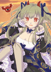  bat_wings black_dress blue_bow blue_bowtie blue_dress bow bowtie breasts brown_dust brown_dust_2 cleavage crying crying_with_eyes_open demon_girl demon_horns detached_sleeves dress eyebrows_hidden_by_hair feet_out_of_frame female fishnet_pantyhose fishnets green_hair hair_between_eyes horns long_hair looking_ahead medium_breasts monster one-eyed open_mouth pantyhose pointy_ears red_eyes red_horns seir_(brown_dust) solo sunset tears twintails two-tone_dress very_long_hair wings woodbell 