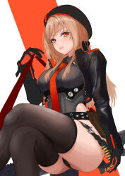  absurdres assault_rifle belt beret black_gloves black_thighhighs blush breasts brown_hair bullet crossed_legs female gloves goddess_of_victory:_nikke gun hat highres jacket leotard long_hair looking_at_viewer parted_lips ramuneogura rapi_(nikke) red_eyes rifle solo thighhighs weapon 