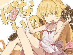  blonde_hair commentary doughnut dress feet_out_of_frame female food highres holding holding_food long_hair monogatari_(series) oerba_yun_fang open_mouth oshino_shinobu signature simple_background sitting skin_fang sleeveless sleeveless_dress smile solo symbol-only_commentary translation_request two-tone_background tyaui_(xjju4435) white_background white_dress yellow_background yellow_eyes 