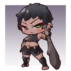  absurdres armor bare_shoulders bike_shorts black_hair black_shirt black_shorts blush chibi closed_mouth club_(weapon) commentary_request crop_top ear_piercing female foot_wraps full_body gradient_background greaves green_eyes grey_background hand_on_own_hip hand_wraps highres holding holding_club holding_weapon leo_(zodiac) looking_at_viewer midriff navel no_shoes original personification piercing saishosaisekojo shirt shorts sleeveless sleeveless_shirt solo standing v-shaped_eyebrows weapon zodiac 