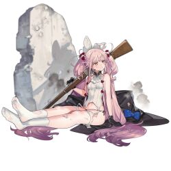  beads collar female girls&#039;_frontline gun hair_beads hair_ornament hand_on_weapon highres leotard lever_action long_hair martini-henry martini-henry_(girls&#039;_frontline) pink_eyes pink_hair rifle rubble shadow sitting socks solo sunlight torn_clothes twintails unworn_clothes very_long_hair weapon white_leotard white_socks 