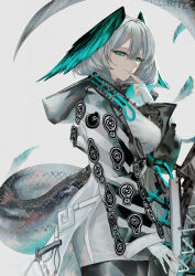  absurdres aqua_eyes arknights between_breasts black_pantyhose breasts closed_mouth coat cowboy_shot dress feathered_wings female fingerless_gloves gloves grey_hair hair_between_eyes hand_to_own_mouth head_wings highres ho&#039;olheyak_(arknights) infection_monitor_(arknights) large_breasts long_sleeves long_tail looking_at_viewer multicolored_coat nail_polish open_clothes pantyhose pencil_dress smile snake_tail solo strap_between_breasts tail tsujieiri two-tone_coat white_dress white_gloves wings 