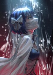  absurdres bandage_on_face bandages blue_eyes blue_hair bow breasts cape crying crying_with_eyes_open female from_side hairbow highres magical_girl mahou_shoujo_madoka_magica mahou_shoujo_madoka_magica:_walpurgis_no_kaiten medium_breasts miki_sayaka miki_sayaka_(magical_girl) profile rain ribbon shionoji08 short_hair solo tears upper_body white_cape white_ribbon 