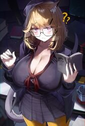  ? animal_ear_fluff animal_ears arknights beret blonde_hair blush book book_stack breasts cleavage closed_mouth coaster commentary cup desk dotthebot female from_above glasses hair_ornament hairclip hat highres holding holding_book holding_pen huge_breasts looking_at_viewer medium_hair miniskirt mug neck_ribbon official_alternate_costume pantyhose pen plaid_clothes plaid_skirt pleated_skirt purple_eyes purple_hat ribbon school_uniform serafuku skirt slit_pupils solo tail utage_(arknights) utage_(disguise)_(arknights) yellow_pantyhose 