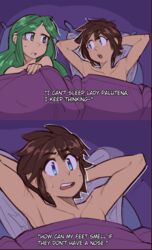  1boy 1girls 2koma after_sex angel angel_wings arms_behind_head blue_eyes brown_hair collarbone comic drawfag drawthread_request ed_edd_n_eddy goddess green_eyes green_hair kid_icarus looking_at_another lying male/female nintendo open_mouth palutena parted_lips pillow pillow_talk pit pit_(kid_icarus) scene sweat topless under_covers wings 