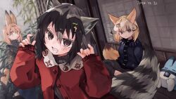  3girls animal_ears black_hair blonde_hair blue_coat blush brown_eyes cat_ears cat_girl cat_tail coat common_raccoon_(kemono_friends) extra_ears fennec_(kemono_friends) fox_ears fox_girl fox_tail grey_hair grey_sweater hair_between_eyes hair_ornament hairclip kemono_friends long_sleeves looking_at_viewer lucky_beast_(kemono_friends) multicolored_hair multiple_girls nail_polish nanana_(nanana_iz) oerba_yun_fang open_mouth pink_nails raccoon_ears raccoon_girl raccoon_tail red_coat serval_(kemono_friends) short_hair sidelocks smile sweater tail turtleneck turtleneck_sweater white_hair winter_clothes 