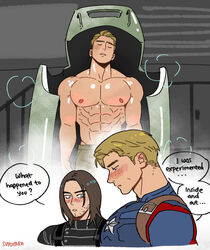  bara big_chest big_pecs blonde_hair blush bucky_barnes captain_america comic dark_hair dialogue gay girl_staring_at_guy&#039;s_chest long_hair male male_only marvel marvel_cinematic_universe marvel_comics meme muscular pecs shirtless short_hair steam steamy steve_rogers suyohara winter_soldier 