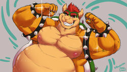  1boy bara big_belly bowser clovishusky daddy dilf fangs fat flexing flexing_arms flexing_bicep flexing_muscles gay horns koopa male_only mario_(series) nintendo no_visible_genitalia shiny smile 