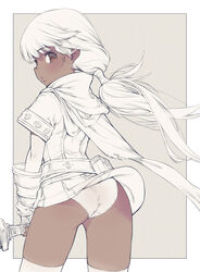  ass belt belt_pouch blush border branch_(blackrabbits) brown_eyes cape character_request clothes_lift dark-skinned_female dark_skin female fingerless_gloves flat_ass from_behind gloves grey_background hood long_hair looking_at_viewer looking_back miniskirt panties pantyshot pleated_skirt ponytail pouch short_sleeves simple_background skirt skirt_lift solo spot_color thighhighs torn_cape torn_clothes tree_of_savior underwear very_long_hair white_border wind wind_lift 