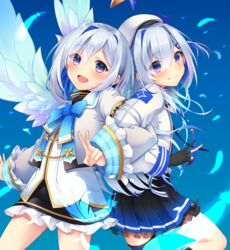  2girls :d absurdres amane_kanata amane_kanata_(1st_costume) angel angel_wings blue_hair blush bob_cut colored_inner_hair dual_persona feathered_wings feathers grey_hair hair_intakes hair_ornament hair_over_one_eye hairclip highres hololive locked_arms long_hair looking_at_viewer multicolored_hair multiple_girls purple_eyes short_hair smile sumi_tsuki two_side_up virtual_youtuber wings 