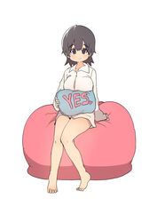  barefoot blush breasts brown_eyes brown_hair bural_chingu commentary_request eyebrows feet female full_body hair_between_eyes highres holding holding_pillow korean_commentary large_breasts luke_(dydansgur) naked_shirt pillow seong_mi-na_(bural_chingu) shirt short_hair simple_background sitting smile solo tareme white_background yes yes-no_pillow 