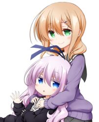  2girls :o black_skirt black_sweater blue_eyes blue_ribbon blush brown_hair closed_mouth colored_eyelashes commentary_request green_eyes grey_sailor_collar hair_between_eyes hair_ornament hair_ribbon hairclip hand_up highres kuena long_hair long_sleeves looking_at_viewer multiple_girls parted_lips pleated_skirt purple_hair purple_sweater ribbon sailor_collar school_uniform sengoku_kamuri serafuku shirt simple_background skirt sleeves_past_wrists slow_start smile sweater tokura_eiko white_background white_shirt 