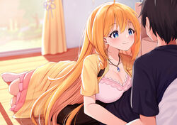  1boy ahoge black_hair blue_eyes blurry blurry_background blush braid breast_press breasts cleavage closed_mouth collarbone curtains female huge_breasts indoors jacket jewelry looking_at_another lying_on_person necklace orange_hair pecorine_(princess_connect!) pecorine_(real)_(princess_connect!) pink_skirt princess_connect! short_sleeves skirt smile socks straight syurimp white_legwear window yellow_jacket yuuki_(princess_connect!) 