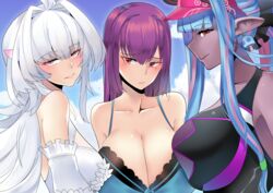  3girls absurdres ahoge bare_shoulders bikini black_bikini black_one-piece_swimsuit blue_hair blue_sky blush body_markings breast_press breasts cleavage collarbone colored_skin dark-skinned_female dark_skin day earrings fate/grand_order fate_(series) frilled_bikini frills green_bikini grey_skin hair_between_eyes highres horns ibuki_douji_(fate) ibuki_douji_(swimsuit_berserker)_(fate) ibuki_douji_(swimsuit_berserker)_(first_ascension)_(fate) jewelry kuroeart lady_avalon_(fate) lady_avalon_(second_ascension)_(fate) large_breasts long_hair looking_at_viewer merlin_(fate/prototype) multicolored_hair multiple_girls one-piece_swimsuit oni pink_hair pink_headwear pink_one-piece_swimsuit pointy_ears ponytail purple_eyes purple_hair red_eyes scathach_(fate) scathach_skadi_(fate) scathach_skadi_(swimsuit_ruler)_(fate) scathach_skadi_(swimsuit_ruler)_(final_ascension)_(fate) sidelocks sky smile swimsuit tail two-tone_bikini two-tone_swimsuit very_long_hair visor_cap white_bikini white_hair 