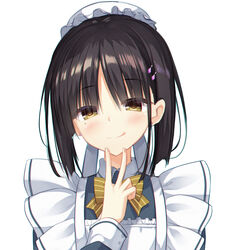  :q apron black_dress black_hair blush bow brown_bow brown_eyes cafe_stella_to_shinigami_no_chou cariboy closed_mouth collared_shirt commentary_request dress earrings female hair_between_eyes hand_up hat head_tilt highres jewelry long_sleeves looking_at_viewer maid maid_apron mob_cap mole mole_under_eye photoshop_(medium) shiki_natsume shirt sidelocks simple_background smile solo striped striped_bow stud_earrings tongue tongue_out upper_body v white_apron white_background white_hat 