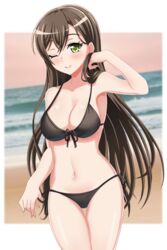  ;) arm_up armpits baek_hyang&#039;geum bang_dream! bare_shoulders beach bikini black_bikini blush breasts brown_hair cleavage closed_mouth collarbone commentary_request cowboy_shot female front-tie_bikini_top front-tie_top green_eyes groin hair_between_eyes hanazono_tae highres korean_commentary long_hair looking_at_viewer medium_breasts mixed-language_commentary navel ocean one_eye_closed orange_sky partial_commentary side-tie_bikini_bottom sidelocks sky smile solo standing stomach swimsuit thigh_gap white_background 