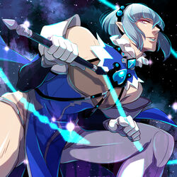  1boy blue_lips fairy_ranmaru:anata_no_kokoro_otasuke_shimasu gloves greendot grey_hair hairband highres holding holding_weapon male_focus pointy_ears seiren_uruu short_hair sidelocks squatting toned toned_male weapon whip white_gloves 