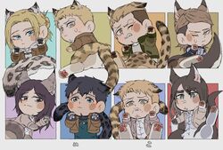  2girls 6+boys against_glass aged_up animal_ears animal_feet annie_leonhart bertolt_hoover blonde_hair cat_boy cat_ears cat_tail cheek_on_glass cheek_press cheetah_ears cheetah_tail chibi ear_tufts eren_yeager from_behind highres jaguar_boy jaguar_ears jaguar_girl jaguar_tail jean_kirstein kemonomimi_mode leopard_ears leopard_tail male_focus marley_military_uniform multiple_boys multiple_girls paw_pose pieck_finger porco_galliard reiner_braun shingeki_no_kyojin short_hair sweatdrop tail tiger_boy tiger_ears tiger_tail zunkome 