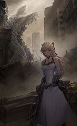  2girls blonde_hair blue_eyes bow building detached_sleeves dress dust expressionless feet_out_of_frame hairbow highres holding holding_polearm holding_weapon horns long_hair mecha_musume mechanical_hands monster morichika_shuuto multiple_girls original overcast polearm red_hair rubble science_fiction sky spear weapon white_dress 