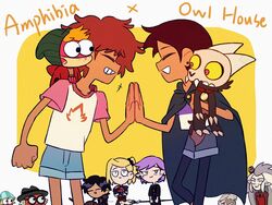  4boys 6+girls amity_blight amphibia animal_collar animal_on_head anne_boonchuy bird blonde_hair brown_hair chibi cloak collar company_connection crossover denim denim_shorts disney edalyn_clawthorne glasses grey_hair hat high_five highres hopediah_plantar horns hunter_(the_owl_house) king_clawthorne luz_noceda marcy_wu multiple_boys multiple_girls on_head owl owlbert_(the_owl_house) pantyhose_under_shorts polly_plantar sasha_waybright shorts sprig_plantar the_owl_house yumi5469 