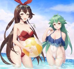  2girls :d amber_(genshin_impact) ball bare_arms bare_shoulders beachball bikini blue_sky breasts brown_eyes brown_hair cleavage cloud commentary_request covered_navel day elanphant eyewear_on_head genshin_impact green_hair groin hair_ribbon hand_up highres holding holding_ball long_hair looking_at_viewer medium_breasts multiple_girls no_eyewear off-shoulder_one-piece_swimsuit off_shoulder one-piece_swimsuit open_mouth orange_eyes outdoors red_bikini red_ribbon ribbon sky smile strapless strapless_bikini sucrose_(genshin_impact) sunglasses swimsuit thigh_strap thighs very_long_hair wading whistle whistle_around_neck 