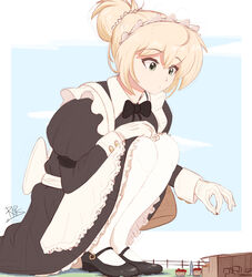  apron aqua_eyes black_bow black_dress black_footwear blonde_hair bow dress english_commentary female frills giant giantess gloves hair_bun highres long_sleeves maid maid_apron maid_headdress mary_janes original pantyhose picking_up raps_(yohomeboyraps) shoes shopping signature single_hair_bun size_difference squatting watermark white_pantyhose 