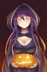  ^_^ breasts cleavage closed_eyes commentary doki_doki_literature_club english_commentary facing_viewer female food hair_between_eyes halloween highres holding holding_food holding_pumpkin holding_vegetable hood hood_up hooded_robe jack-o&#039;-lantern large_breasts long_hair pumpkin purple_hair purple_nails robe silk simple_background smile solo spider_web spiffydc twitter_username vegetable wide_sleeves yuri_(doki_doki_literature_club) 