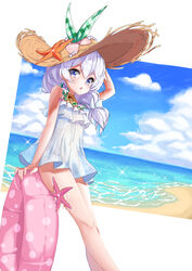  :o beach blue_eyes blue_sky cloud cloudy_sky day dress ehart female flower hair_between_eyes hand_on_headwear hand_up hat holding honkai_(series) honkai_impact_3rd innertube looking_at_viewer ocean open_mouth outdoors sand seashell shell side_ponytail sky solo starfish straw_hat summer sundress sunflower swim_ring theresa_apocalypse theresa_apocalypse_(valkyrie_pledge) thighs white_background white_hair 