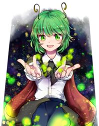  antennae black_cape blue_pants bug cape carry_me female floating_lights frilled_sleeves frills green_eyes green_hair imperishable_night light_particles long_sleeves makotono_(makotono_00) open_mouth outstretched_arms pants shirt smile solo star_(symbol) starry_background touhou white_shirt wriggle_nightbug 