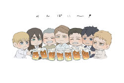  6+boys aged_up armin_arlert beer_mug bertolt_hoover blonde_hair blush buzz_cut chibi connie_springer cropped_torso cup eren_yeager facial_hair freckles grey_hair highres long_hair male_focus marco_bott mug multiple_boys reiner_braun shingeki_no_kyojin short_hair stubble thick_eyebrows translation_request very_short_hair zunkome 