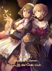  2girls absurdres apron bad_id bad_pixiv_id beatrice_(umineko) beret blonde_hair blue_eyes bow braid braided_bun brown_hair bug butterfly choker dress flower frilled_choker frills hair_bun hair_flower hair_ornament hat highres lanlanlu_(809930257) maid maid_apron multiple_girls necktie shannon_(umineko) skirt umineko_no_naku_koro_ni yellow_butterfly 