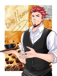  0402ma_(maico) 1boy 2bro. artist_name barista beard black_vest coffee_beans cup facial_hair highres holding holding_tray looking_at_viewer male_focus mug otoja_(2bro.) red_eyes red_hair shirt sleeves_rolled_up solo tray vest white_shirt 