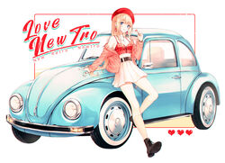  belt beret black_belt blonde_hair blue_eyes blush breasts brown_footwear candy car earrings female food hat heart holding holding_candy holding_food holding_lollipop jacket jewelry kh_(kh_1128) kneehighs leaning_back leaning_on_object lollipop long_hair medium_breasts motor_vehicle nail_polish necklace off_shoulder original parted_lips red_hat red_nails ring skirt socks solo thumb_ring vehicle_focus volkswagen volkswagen_beetle white_background white_skirt 