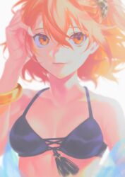  alternate_costume backlighting bikini black_bikini bracelet breasts cleavage closed_mouth collarbone fate/grand_order fate_(series) female floating_hair front-tie_bikini_top front-tie_top fujimaru_ritsuka_(female) hair_between_eyes hand_in_own_hair highres jewelry looking_at_viewer medium_hair orange_eyes orange_hair small_breasts smile solo sparkle swimsuit uni_(nico02) upper_body white_background 