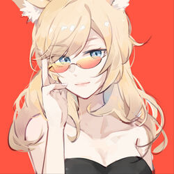  adjusting_eyewear alternate_costume animal_ear_fluff animal_ears arknights bare_shoulders black-framed_eyewear blonde_hair blue_eyes breasts cleavage closed_mouth collarbone female gemi_25 glasses hand_up highres horse_ears long_hair looking_at_viewer looking_over_eyewear medium_breasts pink_lips red-tinted_eyewear red_background semi-rimless_eyewear simple_background smile solo strapless sunglasses swept_bangs tinted_eyewear under-rim_eyewear upper_body whislash_(arknights) 