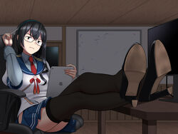  bags_under_eyes black_footwear black_hair black_thighhighs blue_skirt chair closed_mouth crossed_legs female frown glasses hairband high_heels highres hip_vent holding indoors kantai_collection long_hair long_sleeves necktie office_chair ooyodo_(kancolle) pleated_skirt red_necktie sailor_collar school_uniform serafuku sitting skirt solo stylus swivel_chair table tablet_pc thighhighs tussy 