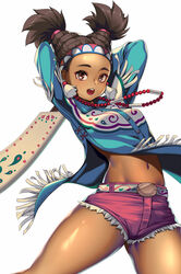  arms_behind_head bead_necklace beads belt brown_eyes brown_hair club_(weapon) dark-skinned_female dark_skin female highres holding holding_weapon jewelry lily_hawk looking_at_viewer navel necklace pogamoggan red_shorts shorts simple_background solo standing stomach street_fighter street_fighter_6 takanashi-a thighs twintails weapon white_background white_belt 