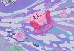  blue_eyes blush kirby kirby_(series) kirby_air_ride male nintendo not_furry pastel_theme riding slick_star sparkles tsukareta waddling_head 