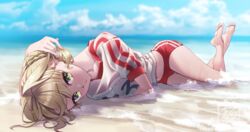  ahoge barefoot beach blonde_hair blue_sky blush braid breasts buruma day fate/extra fate_(series) female french_braid green_eyes gym_shirt hair_bun hair_intakes hair_ribbon highres large_breasts long_hair looking_at_viewer lying name_tag nero_claudius_(fate) nero_claudius_(olympian_bloomers)_(fate) official_alternate_costume outdoors red_buruma red_ribbon ribbon shirt short_sleeves single_hair_bun sky suryua thighs white_shirt 