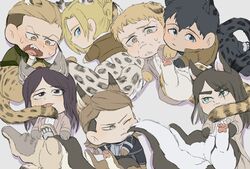  2girls 5boys aged_up animal_ears animal_feet animal_hands annie_leonhart bertolt_hoover blonde_hair blush cheek_bulge cheek_press cheetah_ears cheetah_tail chibi dog_boy dog_ears dog_tail ear_tufts eren_yeager fox_boy fox_ears fox_tail highres jaguar_boy jaguar_ears jaguar_girl jaguar_tail jean_kirstein kemonomimi_mode leopard_ears leopard_tail licking_another&#039;s_tail long_hair lying lying_on_person marley_military_uniform multiple_boys multiple_girls on_back pieck_finger porco_galliard reiner_braun shingeki_no_kyojin short_hair sweatdrop tail tail_on_face tiger_boy tiger_ears tiger_tail undercut zunkome 