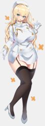  absurdres atago_(azur_lane) atago_(azur_lane)_(cosplay) atago_(kancolle) azur_lane black_thighhighs blonde_hair breasts buttons collared_jacket commentary_request cosplay female floral_background flower_(symbol) full_body garter_straps grey_background grey_footwear hanasaka_houcha high_heels highres historical_name_connection jacket kantai_collection large_breasts long_hair looking_at_viewer military_jacket miniskirt name_connection skirt smile solo thighhighs two-tone_footwear uniform white_footwear white_headwear white_jacket 