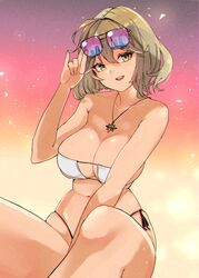  ahoge anis_(nikke) anis_(sparkling_summer)_(nikke) bare_shoulders bikini blush breasts brown_eyes brown_hair collarbone eyepatch_bikini eyewear_on_head feet_out_of_frame female goddess_of_victory:_nikke hair_ornament highres jewelry large_breasts navel necklace ninchan official_alternate_costume open_mouth pink-tinted_eyewear short_hair sitting solo sunglasses swimsuit teeth tinted_eyewear upper_teeth_only white_bikini 