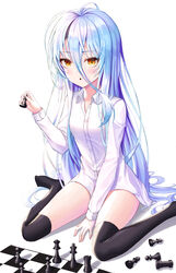  absurdres between_legs black_thighhighs blue_hair board_game breasts chess chess_piece chessboard collarbone collared_shirt commentary_request female hair_between_eyes hand_between_legs highres long_hair long_sleeves naked_shirt no_game_no_life photoshop_(medium) ryon_y0421 shiro_(no_game_no_life) shirt simple_background sitting slit_pupils small_breasts solo straight_hair thighhighs triangle_mouth very_long_hair wariza white_background white_shirt wing_collar yellow_eyes 