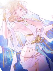  armpits bare_shoulders blonde_hair breasts brown_eyes covered_nipples djeeta_(granblue_fantasy) female granblue_fantasy groin iatromantis_(granblue_fantasy) jewelry koza_game large_breasts nipples see-through short_hair sideboob simple_background skindentation smile solo veil white_background 