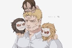  1boy blonde_hair collared_shirt creature creature_on_head creature_on_shoulder facial_hair goatee highres jaw_titan male_focus marcel_galliard moustache on_shoulder pectorals porco_galliard reiner_braun shingeki_no_kyojin shirt short_hair solo_focus spoilers symbolism titan_(shingeki_no_kyojin) upper_body ymir_(shingeki_no_kyojin) zunkome 