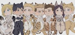  2girls 5boys :o aged_down animal_ears animal_feet animal_hands annie_leonhart bertolt_hoover black_fur black_hair blonde_hair blush brothers brown_fur cheek-to-cheek cheetah_ears cheetah_tail chibi green_eyes heads_together highres jaguar_boy jaguar_ears jaguar_girl jaguar_tail legs_up leopard_ears leopard_tail lion_boy lion_ears lion_tail marcel_galliard marley_military_uniform multiple_boys multiple_girls pieck_finger porco_galliard reiner_braun shingeki_no_kyojin short_hair siblings smile tail tiger_boy tiger_ears tiger_tail zeke_yeager zunkome 