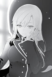  blazer closed_mouth female greyscale hair_between_eyes half-closed_eyes head_rest highres jacket la_folia_rihavein long_hair long_sleeves manyako_(mohumohu) monochrome non-web_source novel_illustration official_art photoshop_(medium) sitting smile solo strike_the_blood uniform upper_body wing_collar 