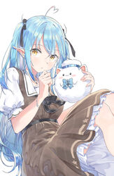  12_graka absurdres ahoge black_ribbon blue_hair bracelet brown_dress dress female hair_ribbon heart heart_ahoge highres hololive jewelry long_hair looking_at_viewer official_alternate_costume official_alternate_hairstyle pointy_ears ribbon short_sleeves sidelocks simple_background sitting solo virtual_youtuber white_background yellow_eyes yukihana_lamy yukihana_lamy_(casual) yukimin_(yukihana_lamy) 